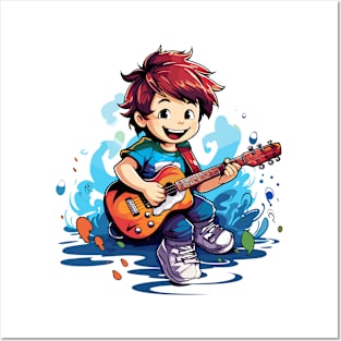 happy kid playing a guitar v7 Posters and Art